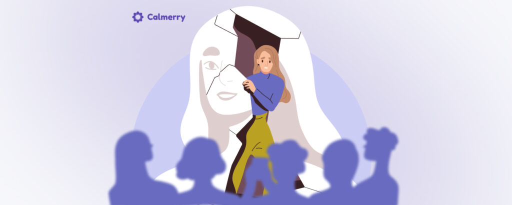 A young woman with long brown hair emerges from a tear in a large, monochrome portrait of herself, symbolizing a personal breakthrough. The background is soft purple, and there are silhouettes of people in the foreground, which contributes to the theme of social anxiety. The logo 'Calmerry' is visible in the upper left corner, suggesting a narrative of overcoming social anxiety with the help of Calmerry.